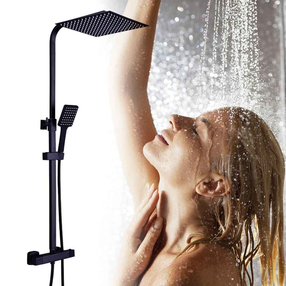 Colonne de Douche Thermostatique Noire Carrée – Douche Pluie