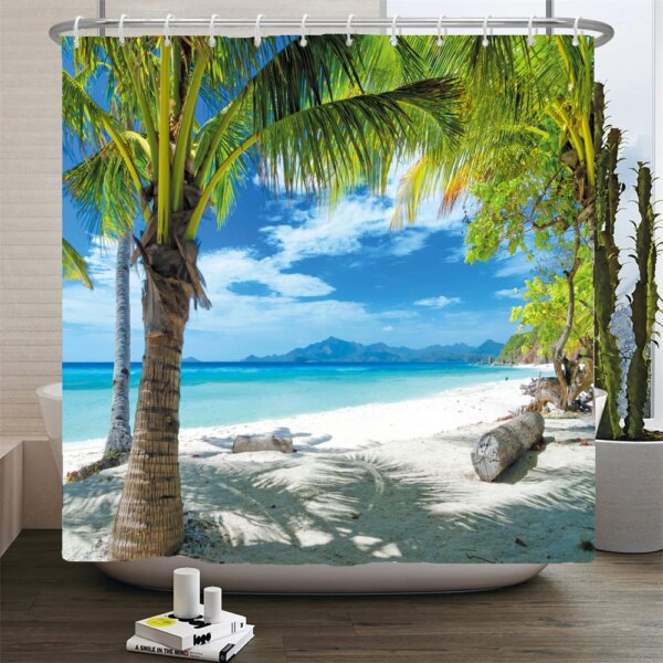 Rideau de douche paysage plage 3D – Décoration mer & ambiance