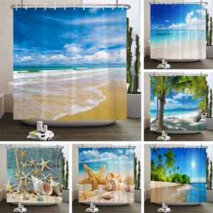 Rideaux de douche de paysage de plage 3D, rideau de bain, décoration de gril imperméable