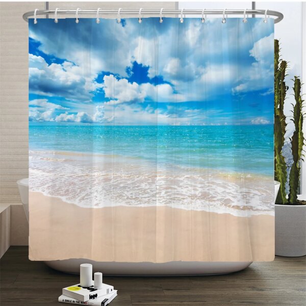Rideau de douche paysage plage 3D – Décoration mer & ambiance