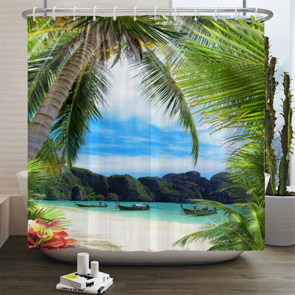Rideaux de douche de paysage de plage 3D, rideau de bain, décoration de gril imperméable