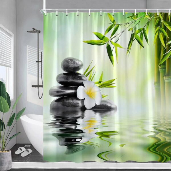24824-896a3d.jpg Rideau de douche paysage Zen pierre de massage grise , papillon