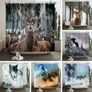Rideau de douche cerf avec crochets, imperméable, wapiti, animaux, 3D, décoration