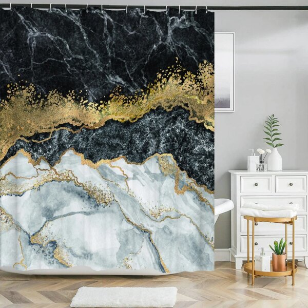 Rideau de douche en tissu à motif géométrique en marbre abstrait coloré, décor de rideaux chauds