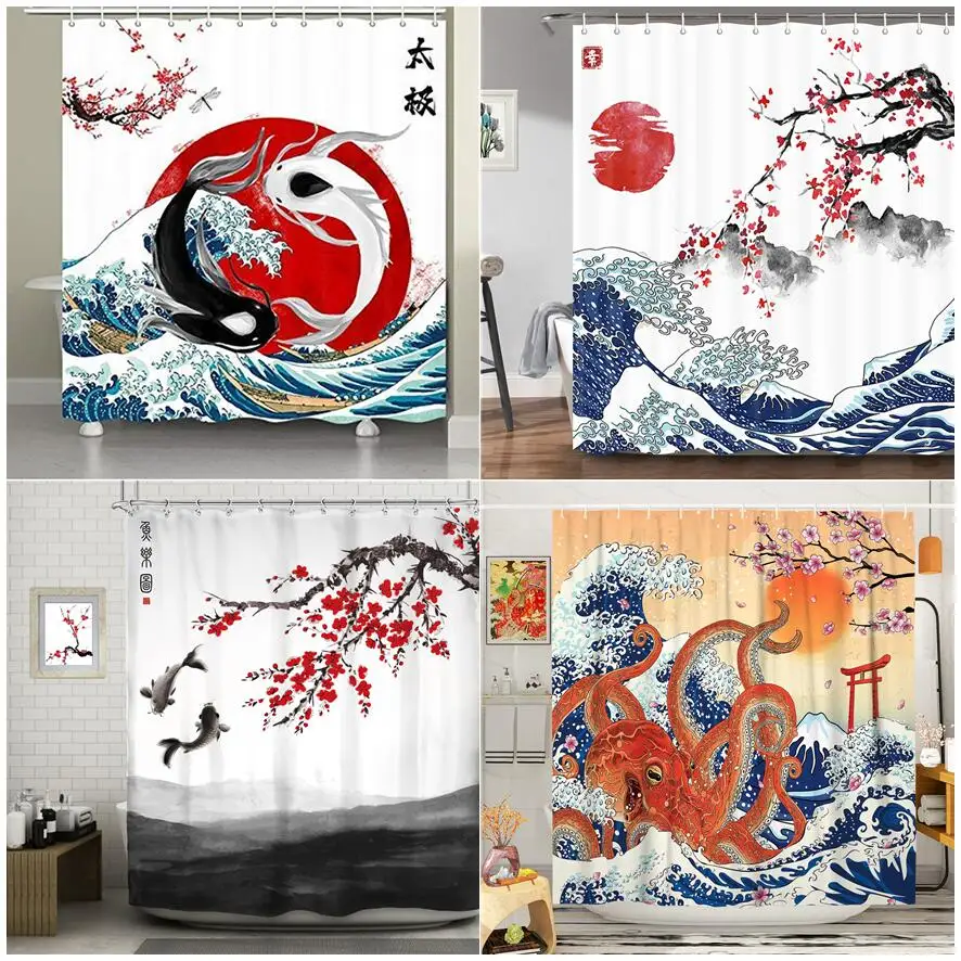 Rideau de Douche Style Japonais – Polyester Décor Zen & Moderne - blanchiment naturel