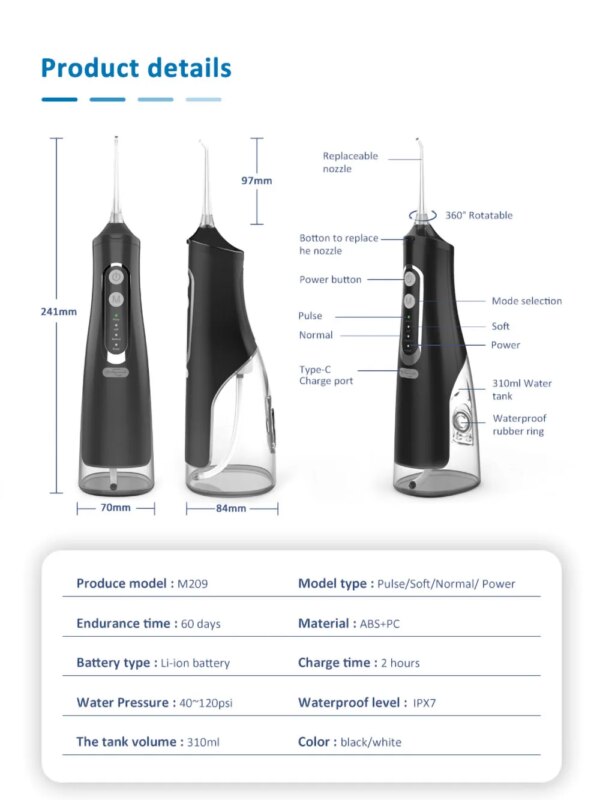 2623-6b534d.jpg Irrigateur buccal électrique portable OI12 – 4 modes, réservoir 310ml, USB-C