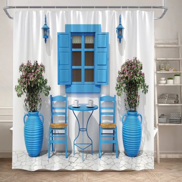 Clôture Fleurs Rideaux De Douche, Fenêtre Bleue, Nature Plantes Florales, Paysage Moderne