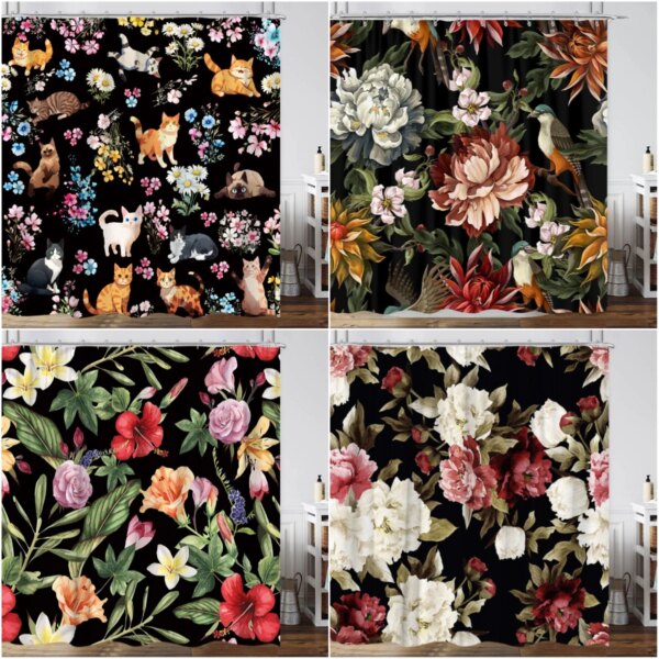 Rideau de douche bohème pour chambre, fleur botanique plus lente, papillon noir, renard, moderne, vintage