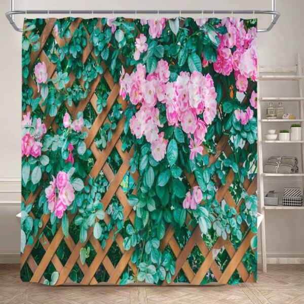 Clôture Fleurs Rideaux De Douche, Fenêtre Bleue, Nature Plantes Florales, Paysage Moderne