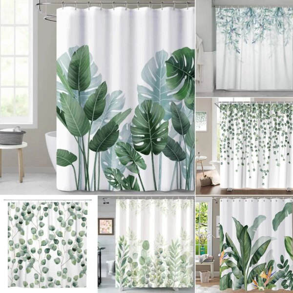 rideaux de douche Plante de feuilles vertes tropicales sur fond blanc