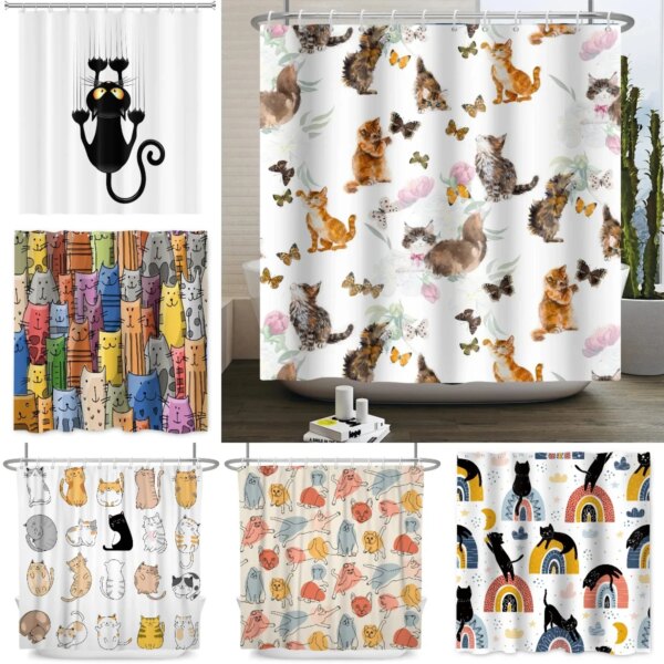 27090-4301f1.jpg Rideau de Douche Chat Cartoon – Décor Amusant Imperméable