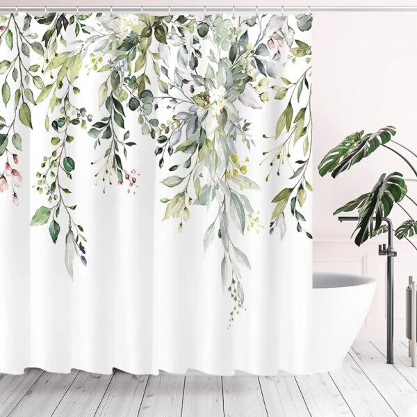 rideaux de douche Plante de feuilles vertes tropicales sur fond blanc