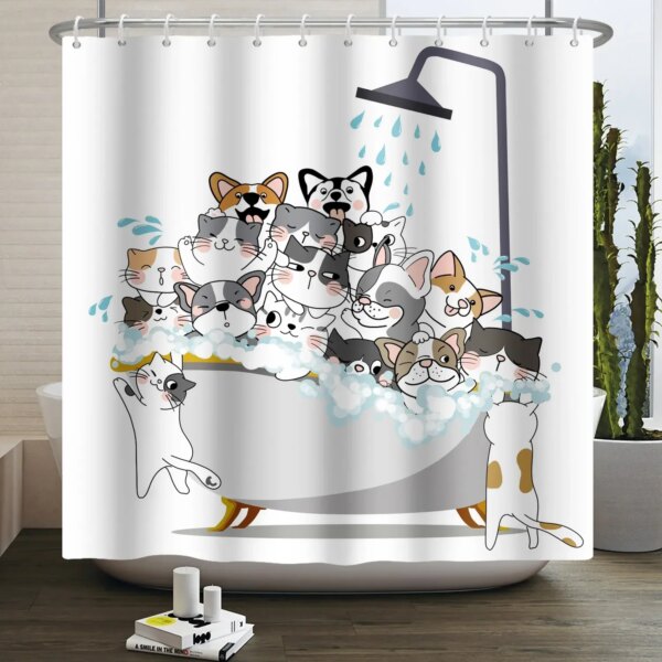 27620-ebadab.jpg Rideau de douche drôle de chat mignon de bande dessinée pour des enfants, chats et chiens