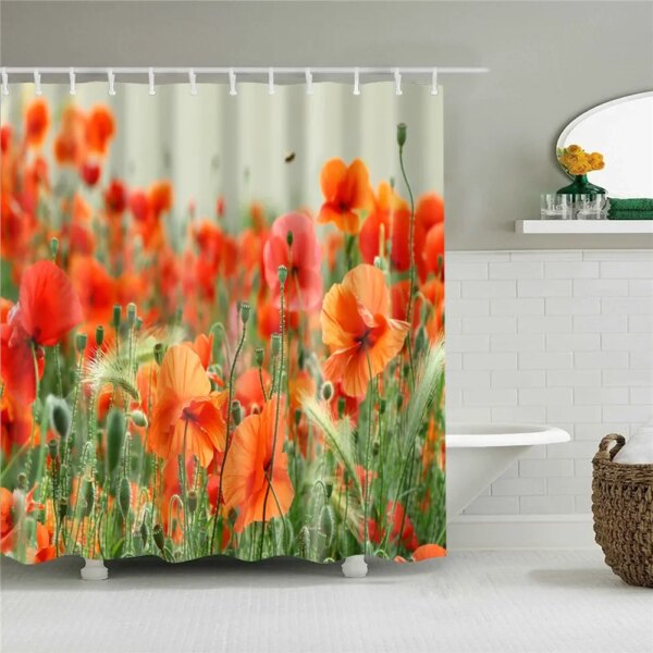 27861-836a9c.jpg Ensemble de rideaux de douche tournesol rose avec crochet, plante, décoration d'intérieur