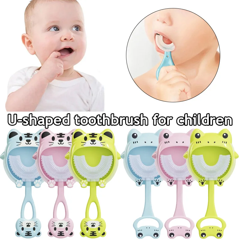 Brosse à dents enfant en silicone souple forme U 360° avec support – Hygiène