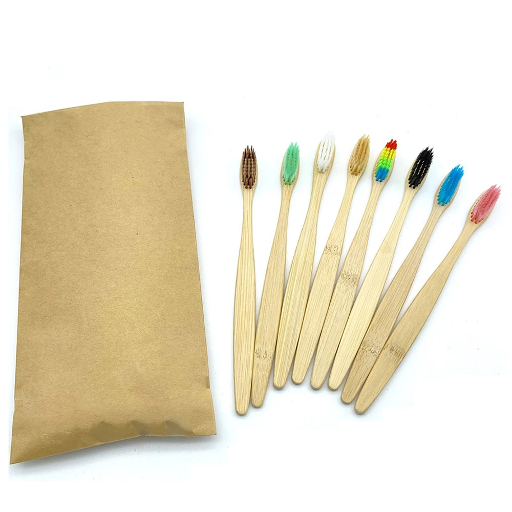 Ensemble de 8 brosses à dents en bambou naturel coloré – Poils souples