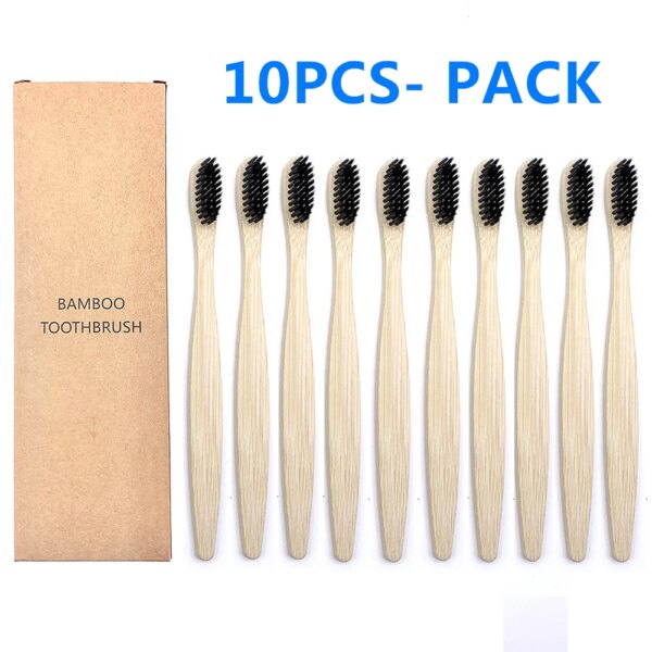 Brosse à dents en bambou de couleur naturelle mixte, écologique, biodégradable, en bois, poils souples, soins buccaux, 10 pièces