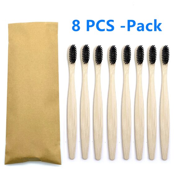 Ensemble de brosses à dents en bambou naturel coloré, poils doux, charbon de bois