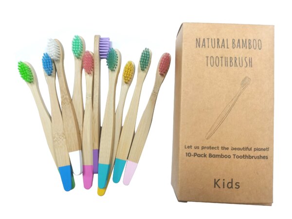 Brosse à dents en bambou biologique pour enfants, 10 couleurs, poils en fibres souples