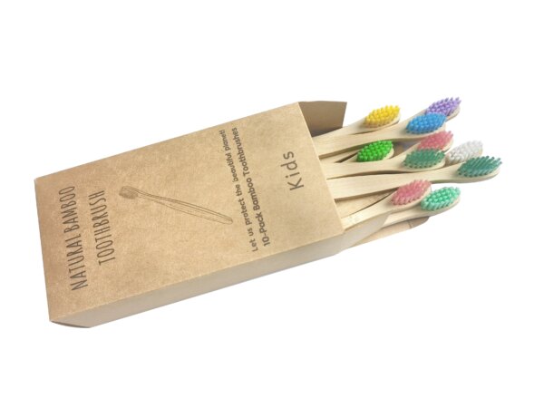Brosse à dents en bambou biologique pour enfants, 10 couleurs, poils en fibres souples