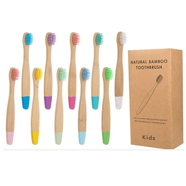 Brosse à dents en bambou biologique pour enfants, 10 couleurs, poils en fibres souples
