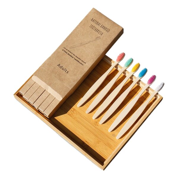 Ensemble de brosses à dents en bambou naturel coloré, poils souples, charbon de bois