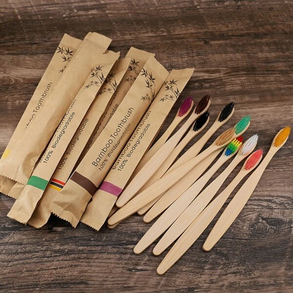 Brosse à dents colorée en bambou naturel, poils souples en charbon de bois écologique, 5/10 pièces