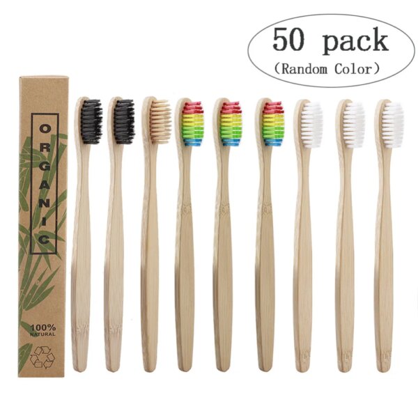 Brosse à Dents en Bambou Naturel, Bois, Poils Souples, Fibre d'Elum, Soins Buccaux Écologiques, 50 Pièces, Service