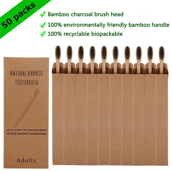 Brosse à Dents en Bambou Naturel, Bois, Poils Souples, Fibre d'Elum, Soins Buccaux Écologiques, 50 Pièces, Service